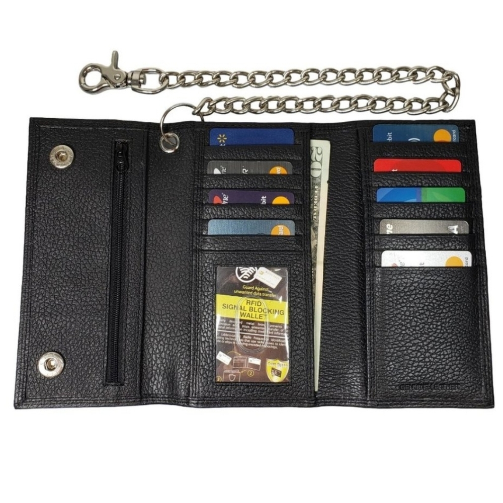 Men's Cowhide Black Leather Trifold Chain Motorcycle Biker Long Checkbook Wallet